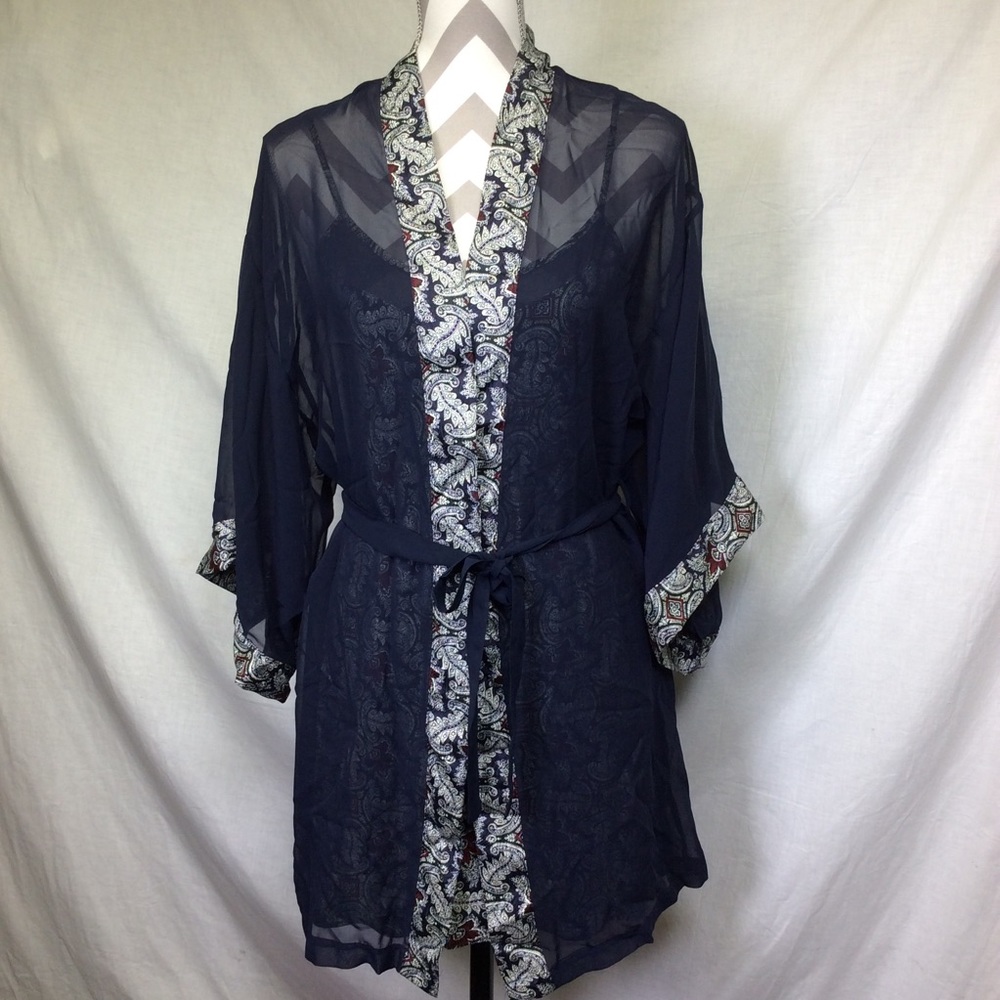 Val Mode Lingerie Blue Paisley Robe & Chemises Nightie Set, Sz S